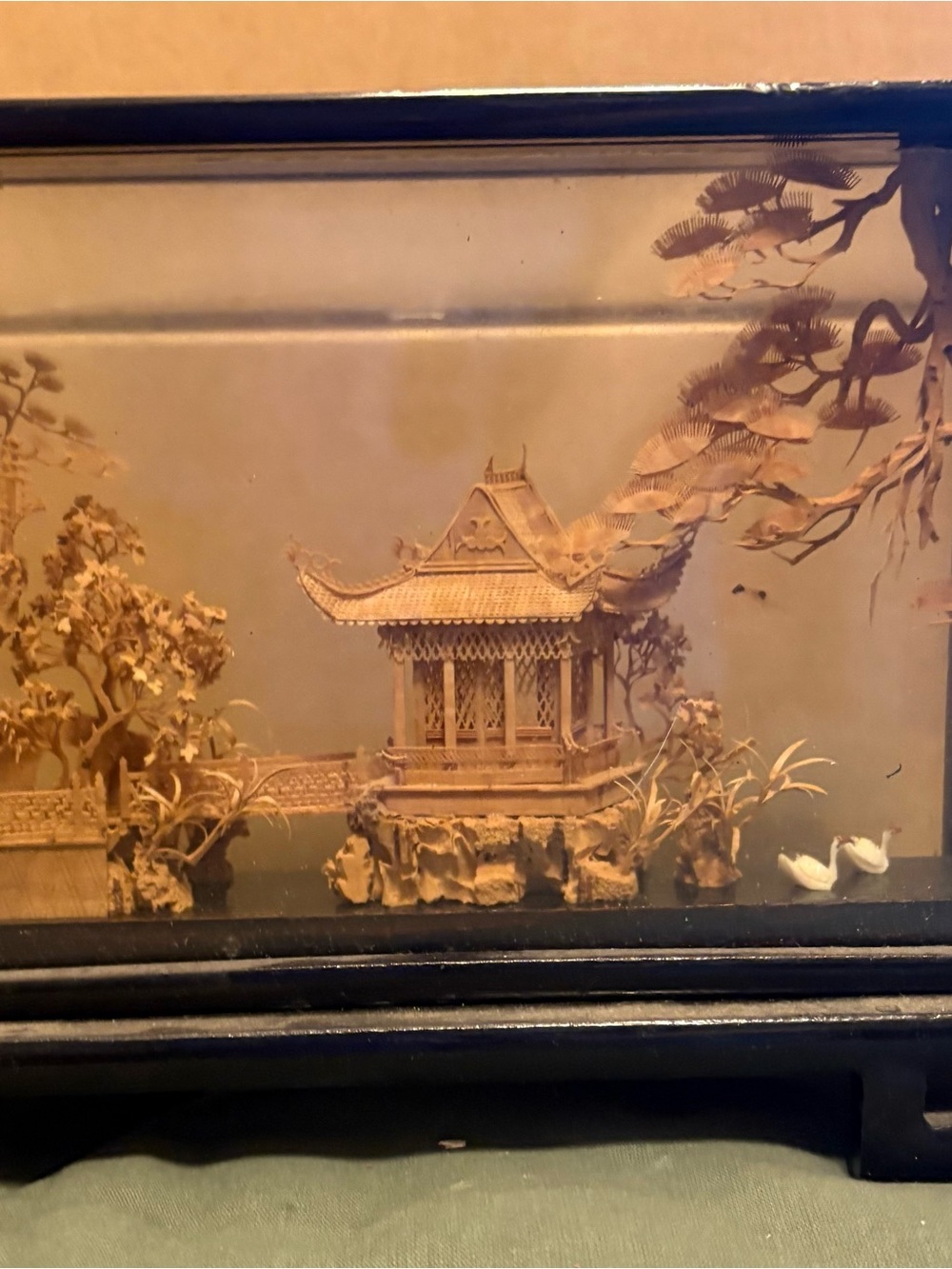 Hand-Carved Wooden Pagoda Sculpture in Natural Wood Tone